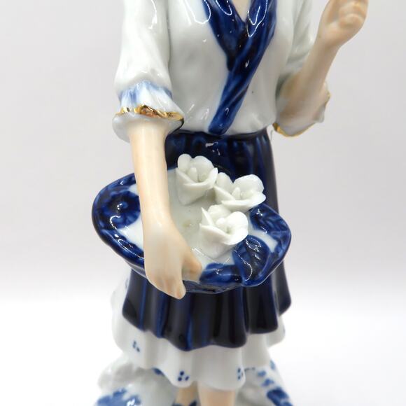 Vintage Porcelain Flower Girl Statuette Blue and White Figurine Cottage Core - Picture 9 of 11